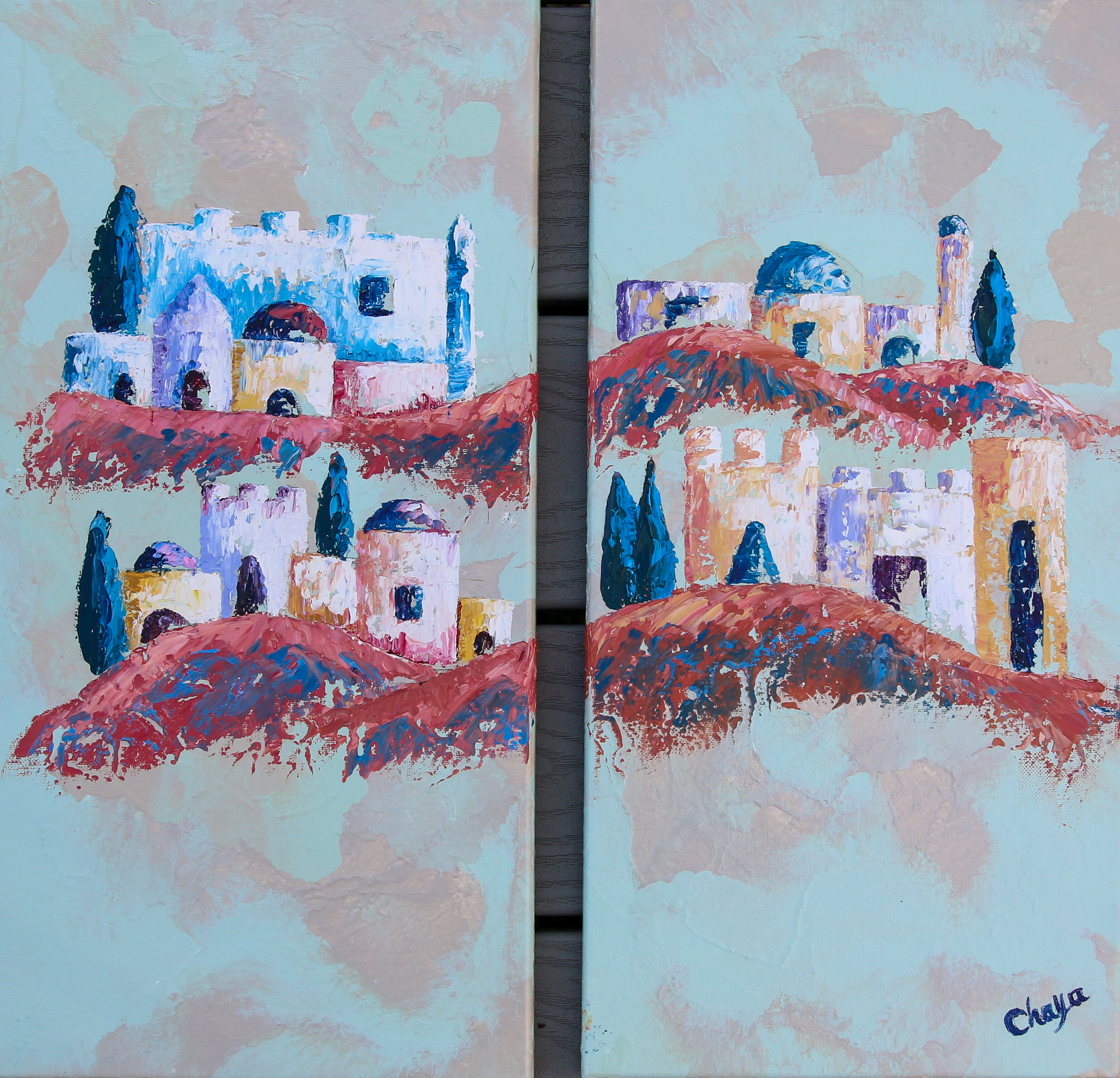 <h9>Jerusalem Hill Diptych<br> Acrylic, Oil<br> 20x10 each piece <br>  $500 </h9>